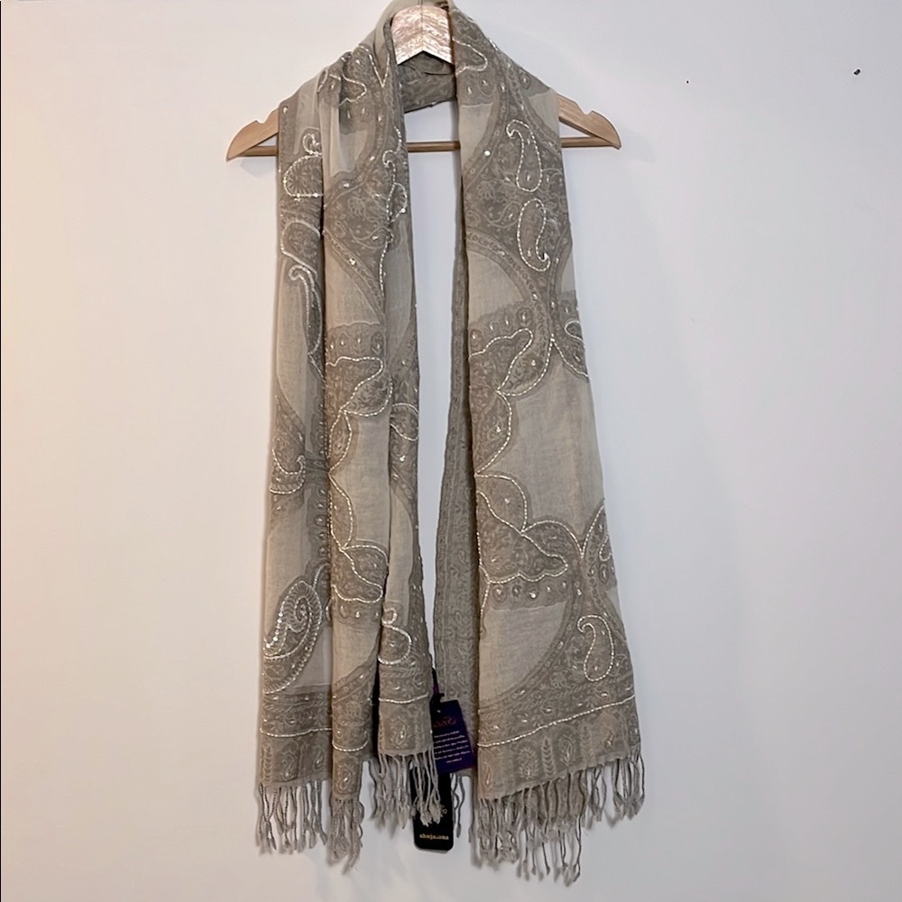 Ahujasons Elegant Beaded Scarf - Gray & Tan